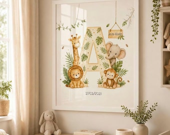 Personalised Jungle Animal Letters A-Z Print | Boy/Girl Safari Nursery Wall Art | Neutral Baby Name Print | Nuetral Nursery Decor A3, A4, A5