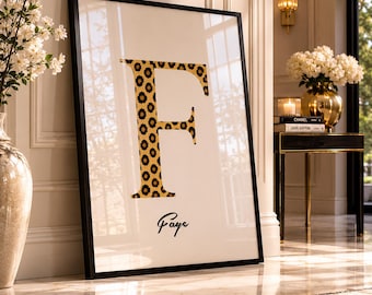 Luxury Leopard Print Letter F Wall Art, Neutral Animal Print Monogram Poster, Personalised Initial Print, Beige Black Decor A3 A4 A5