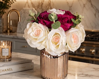 Luxury Silk Rose Table Centrepiece | Pink & Ivory Floral Arrangement | Rose Gold Vase Decor | Elegant Dining Room Table Decoration