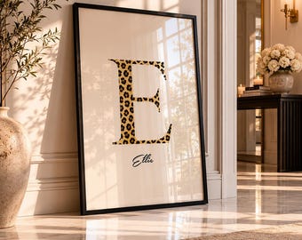 Luxury Leopard Print Letter E Wall Art, Neutral Animal Print Monogram Poster, Personalised Initial Print, Beige Black Decor A3 A4 A5