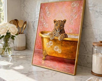Leopard in Bathtub Print, Pink Gold Glam Bathroom Wall Art (A3/A4)