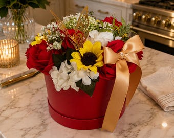Luxury Large Red Rose & Sunflower Hatbox Arrangement | Faux Floral Centrepiece | Elegant Dining Table Decor | Luxury Home Decor Gift | Silk