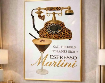 Espresso Martini Print | Retro Leopard Telephone, Ladies Night Art, A3/A4
