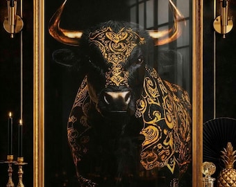 Black Gold Bull Wall Art – Ornate Baroque Animal Poster, Modern Glam Decor Gift Idea A3, A4 & A5 Sizes
