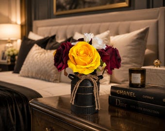 Luxury Burgundy, Yellow, Cream Rose Arrangement | Dining Room Centrepiece | Faux Floral Decor | Elegant Table Styling | Milk Churn Vase |