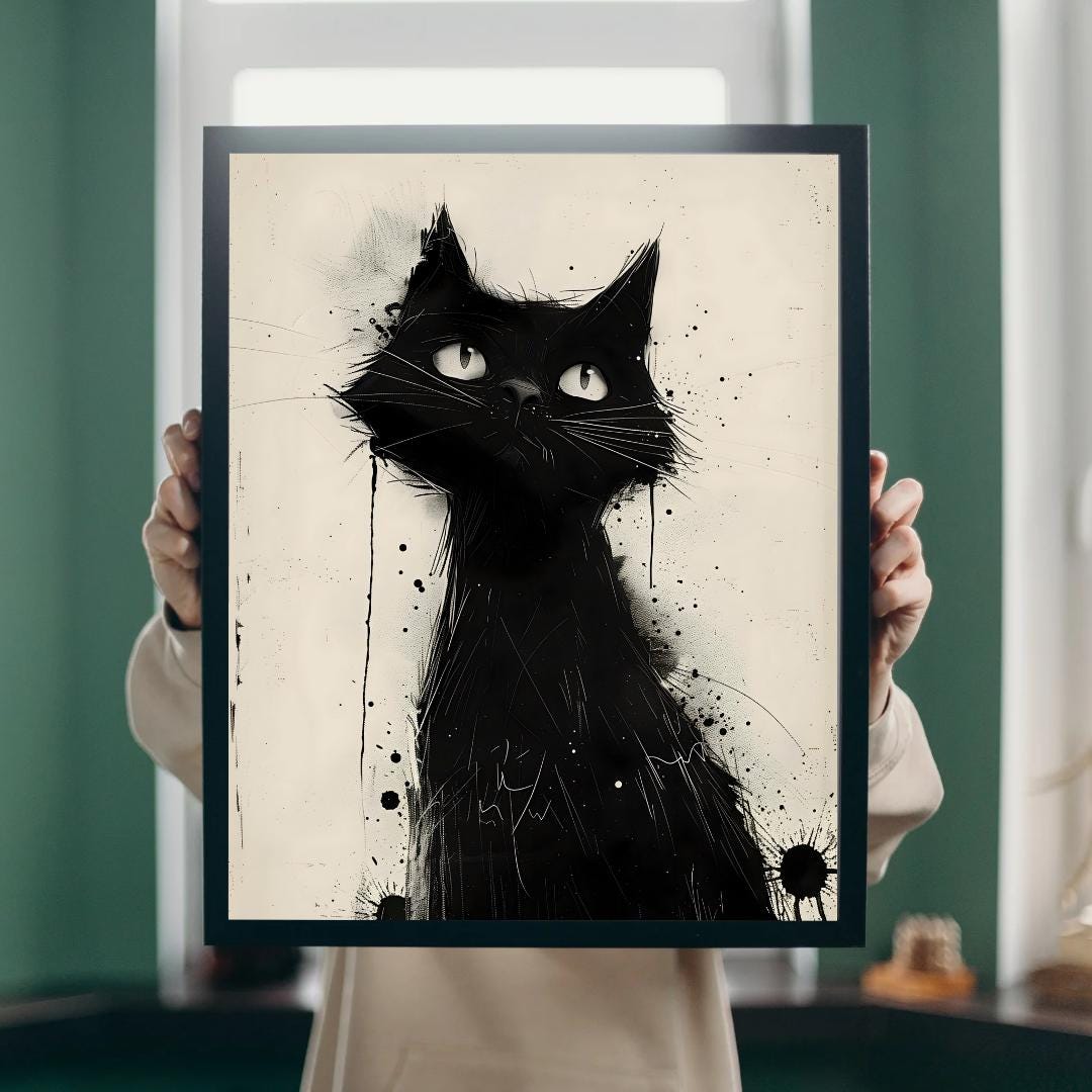 Black Cat Wall Art Print – Minimalist Ink Cat Illustration, Modern ...