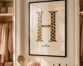 Luxury Leopard Print Letter H Wall Art, Neutral Animal Print Monogram Poster, Personalised Initial Print, Beige Black Decor A3 A4 A5