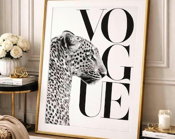 Luxury Leopard Wall Art Print, Vogue Style Poster, Black White Animal Print, Fashion Wall Decor, Glam Bedroom Office Art, A3 A4