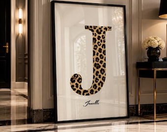 Luxury Leopard Print Letter J Wall Art, Neutral Animal Print Monogram Poster, Personalised Initial Print, Beige Black Decor A3 A4 A5