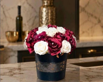 Luxury Silk Flower Arrangement in Navy Pot | Bedroom Side Table Decor | Elegant Faux Roses Centrepiece | Luxury Home Decor Gift | Burgundy