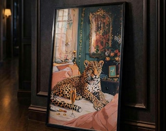 Leopard lounging on a bed design Print in A3/A4
