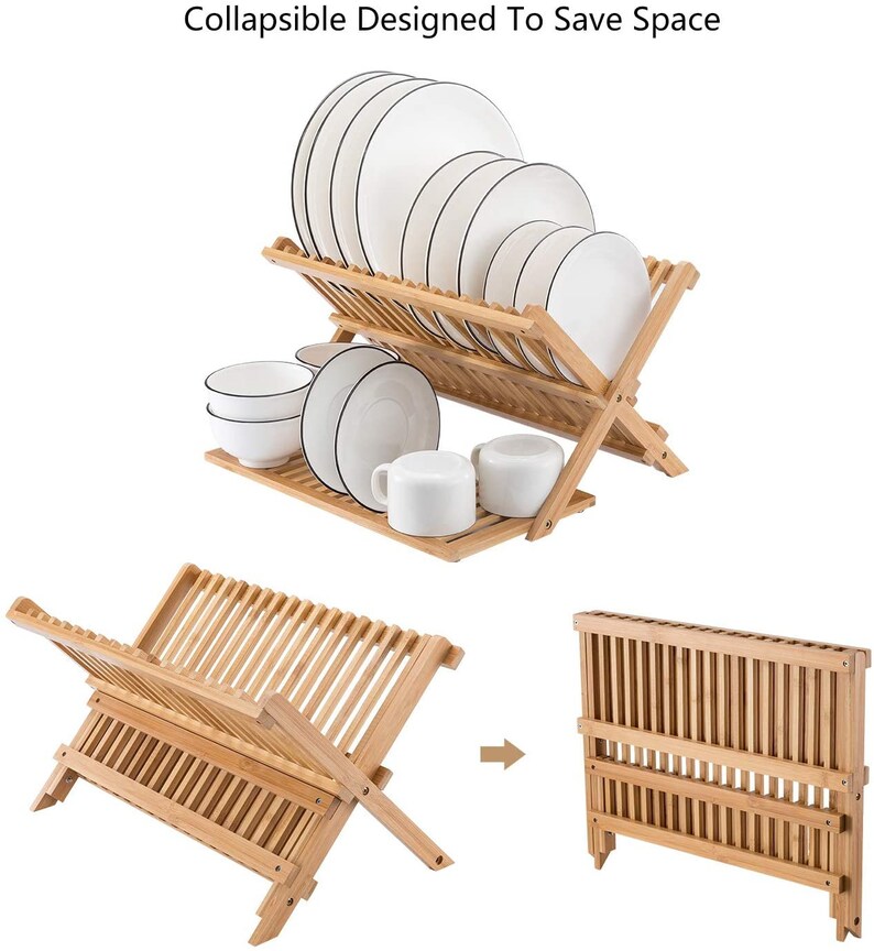 Bamboo Dish Drying Rack With Utensils Flatware Holder Set Etsy
