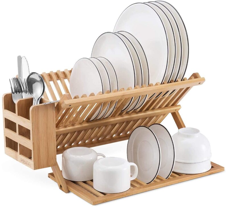 Bamboo Dish Drying Rack With Utensils Flatware Holder Set Etsy