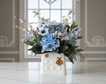 Blue Hydrangea Artificial Floral Arrangement Quilted Vase | Cottagecore Elegant Spring Summer Table Centerpiece Decor