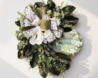Home Sweet Home Magnolia-krans | Dekoration för lantlig ytterdörr | Vit magnolia-rosettkrans | Vår-sommar-året runt
