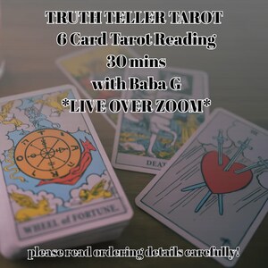 Tarotlezen 6 kaarten 30 minuten boeken Liefde Loopbaanbegeleiding Voorspelling vorige levens Orakel Gepersonaliseerde waarzeggerij Live lezen met Baba G