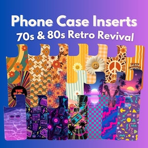 May include: Phone case inserts with a retro 70s and 80s theme. Designs include floral patterns, smiley faces, peace signs, sunsets, and geometric shapes. The inserts are in various colors, including orange, yellow, pink, and blue.