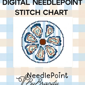 Puede incluir: Un gráfico digital de punto de aguja con un diseño circular de ocho conchas de ostra dispuestas en un patrón radial sobre un fondo de rayas azul claro y blanco. El texto dice DIGITAL NEEDLEPOINT STITCH CHART y NeedlePoint By Brandy.