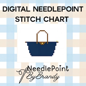 May include: A digital needlepoint stitch chart featuring a pixelated navy blue tote bag with brown handles and a small brown flap. The text reads DIGITAL NEEDLEPOINT STITCH CHART and NeedlePoint By Brandy, set against a light blue and beige plaid background.