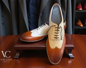 Handgemaakte tweekleurige brogueschoenen van echt leer: vleugeltipschoenen heren