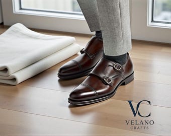 Handmade Leather Double Monk Strap Shoes: Men's Formal Buckle Dress Footwear
