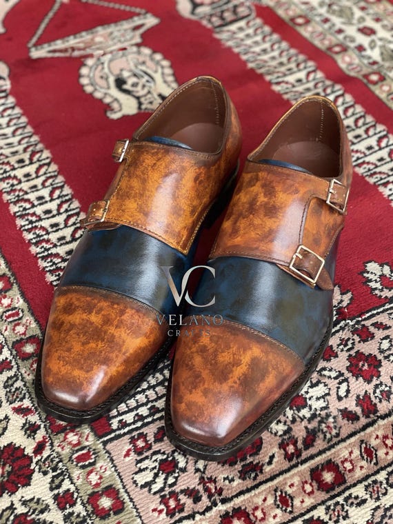 Bespoke Men’s Brown & Blue Patina Leather Double Monk Shoes, Men’s Luxury Dress Shoes, Men’s Handmade Formal Shoes
