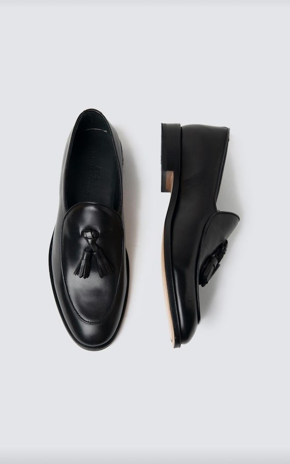 Tassel Loafer, handmade leather shoes, gift for men, Black tassel , loafers, slip on, custom made.