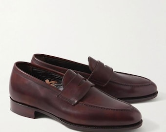 Mocasines de piel auténtica hechos a mano - Zapatos marrones sin cordones para hombre