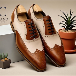 Handgemachte Voll-Leder Brogue Schuhe: Braun & Weiss