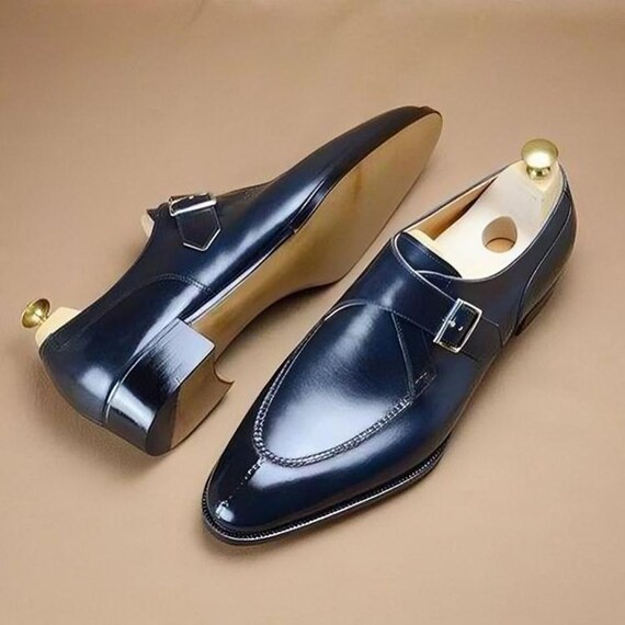 Single monk strap, handmade leather shoes, gift for men,blue monk , loafers, slip on, leather shoes for men, custom made monk straps.