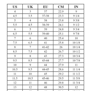 May include: A shoe size conversion chart for men, with US, UK, EU, CM, and IN measurements. The chart includes sizes from US 4 (22.9 cm, 9 in) to US 15 (31.7 cm, 12 1/2 in), with corresponding UK and EU sizes.