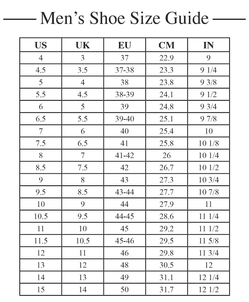 May include: A shoe size conversion chart for men, with US, UK, EU, CM, and IN measurements. The chart includes sizes from US 4 (22.9 cm, 9 in) to US 15 (31.7 cm, 12 1/2 in), with corresponding UK and EU sizes.