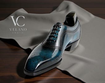 Zapatos Oxford azules de piel auténtica hechos a mano y pintados a mano: calzado clásico de vestir para hombre.