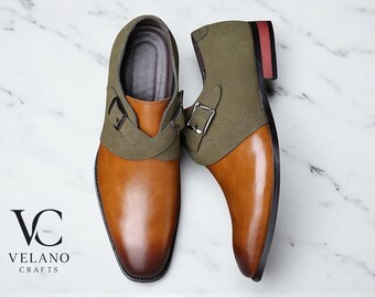 Handmade Suede Leather Monk Strap Shoes: Men's Formal Wedding Footwear
