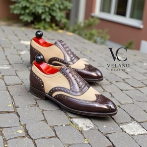 Handgemachte Voll-Leder Brogue Schuhe: Braun & Weiss