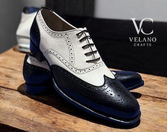 Handmade Genuine Leather Brogues: Black & White Oxford Shoes