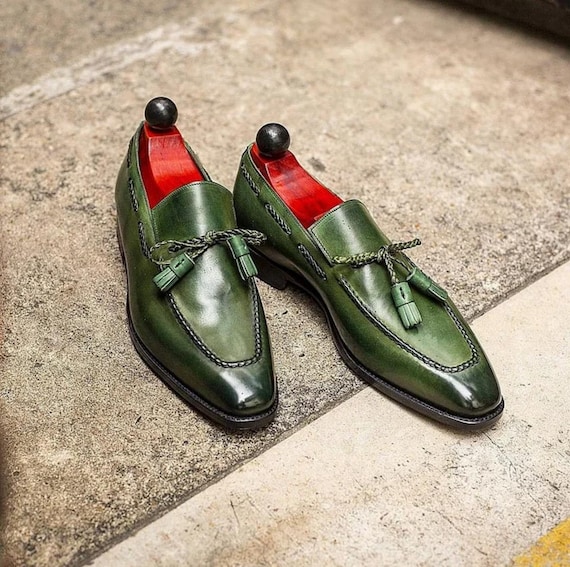 Tassel Loafer, handmade leather shoes, gift for men, Green tassel , loafers, slip on, custom made.