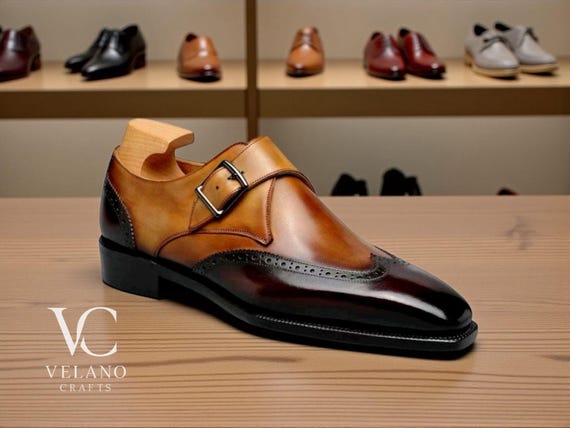Handmade Leather Two-Tone Single Monk Strap Shoes: Men's Formal Wedding Footwear