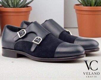 Handmade Leather Double Monk Strap Shoes: Men's Formal Buckle Dress Footwear