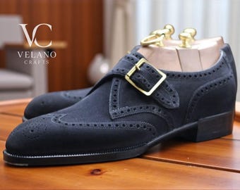 Handmade Suede Leather Monk Strap Shoes: Men's Formal Wedding Footwear