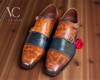 Handgemachte Braun & Blau Patina Echtleder Doppel Monk Schuhe