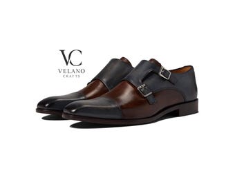 Handgefertigte zweifarbige Leder Doppel Monk Strap Schuhe