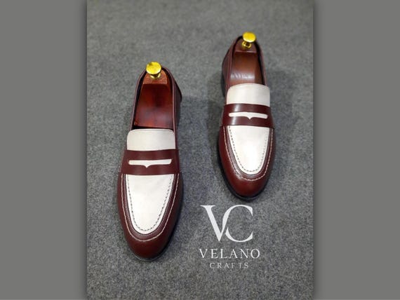 Luxury men two tone penny loafers, handmade leather shoes, gift for men, loafers, slip on, casual wear, custom made.