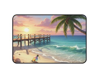 Tropical Sunset Beach Pier Desk Mat | Palm Tree Ocean Scene