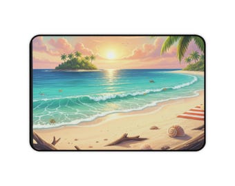 Tropical Beach Sunset Desk Mat | Ocean Waves, Palm Trees, Seashells