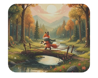 Fox Lantern Walk Mouse Pad | Autumn Forest Woodland Desk Mat