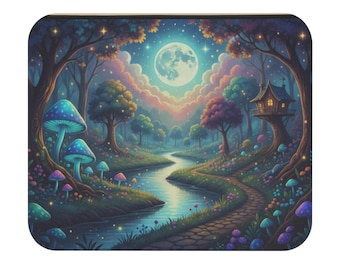 Moonlit Fantasy Forest mouse pad | whimsical mushroom creek scene