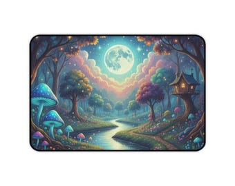 Moonlit Fairy Forest Desk Mat | Fantasy Mushroom Treehouse Scene