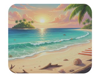 Tropical Sunset Beach Mouse Pad | Palm Trees, Waves, Seaside Scene