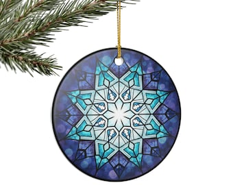Blue Geometric Mandala Ceramic Ornament | Round Snowflake Design